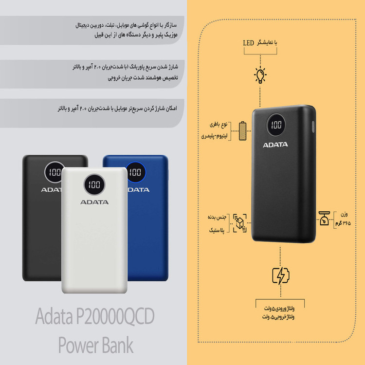 پاوربانک ای دیتا مدل P20000QCD ظرفیت 20000 میلی آمپر ساعت