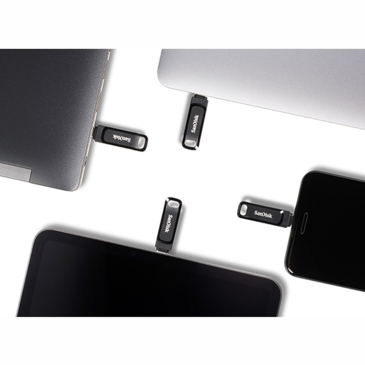 فلش مموری سن دیسک 64 گیگابایت مدل Ultra Dual Drive Go با دو رابط USB Type-C و USB Type-A، استاندارد USB 3.2 Gen1، طراحی چرخشی، سازگار با اندروید، iOS، ویندوز و مک، مناسب گوشی، تبلت، کامپیوتر و تلویزیون