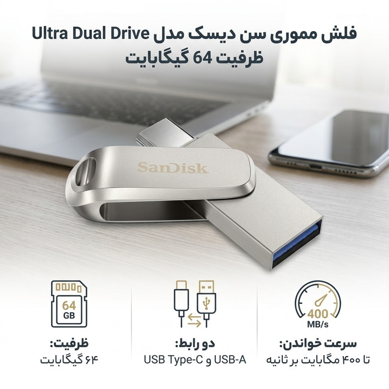 فلش مموری سن دیسک مدل Ultra Dual Drive Luxe ظرفیت 64 گیگابایت با رابط تایپ سی و USB 3.2 Gen 1، سرعت خواندن 400 مگابایت بر ثانیه، طراحی تاشو و سازگار با سیستمعاملهای Android، PC، Mac و iPad Pro