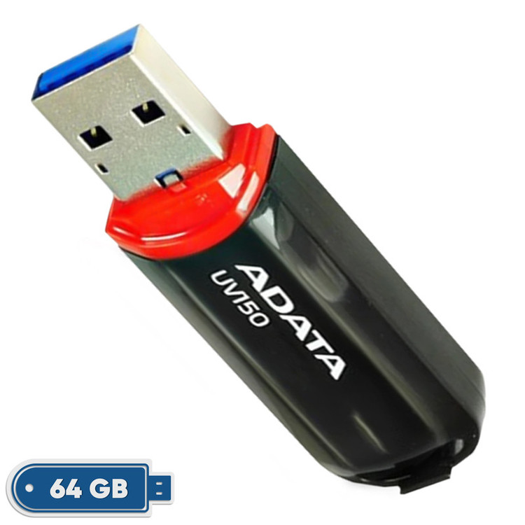 فلش مموری ای دیتا مدل UV150 ظرفیت 64 گیگابایت، رابط USB 3.2 Gen1 با سرعت خواندن 100 مگابایت بر ثانیه، درپوشدار، سازگار با ویندوز، مک و لینوکس، مناسب موبایل، تبلت، لپتاپ و تلویزیون
