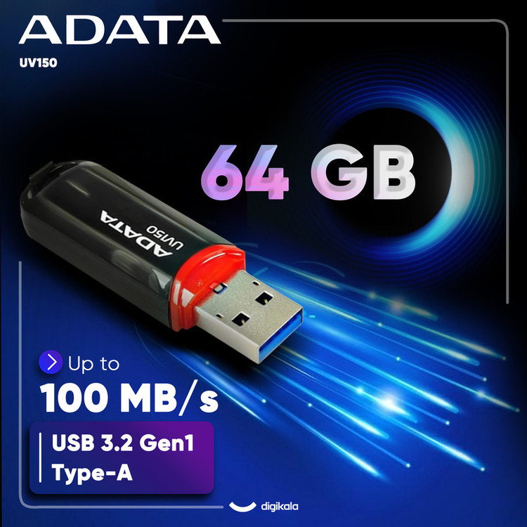 فلش مموری ای دیتا مدل UV150 ظرفیت 64 گیگابایت، رابط USB 3.2 Gen1 با سرعت خواندن 100 مگابایت بر ثانیه، درپوشدار، سازگار با ویندوز، مک و لینوکس، مناسب موبایل، تبلت، لپتاپ و تلویزیون