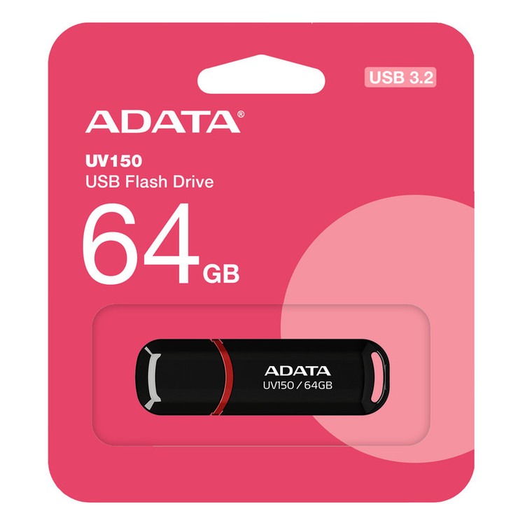 فلش مموری ای دیتا مدل UV150 ظرفیت 64 گیگابایت، رابط USB 3.2 Gen1 با سرعت خواندن 100 مگابایت بر ثانیه، درپوشدار، سازگار با ویندوز، مک و لینوکس، مناسب موبایل، تبلت، لپتاپ و تلویزیون