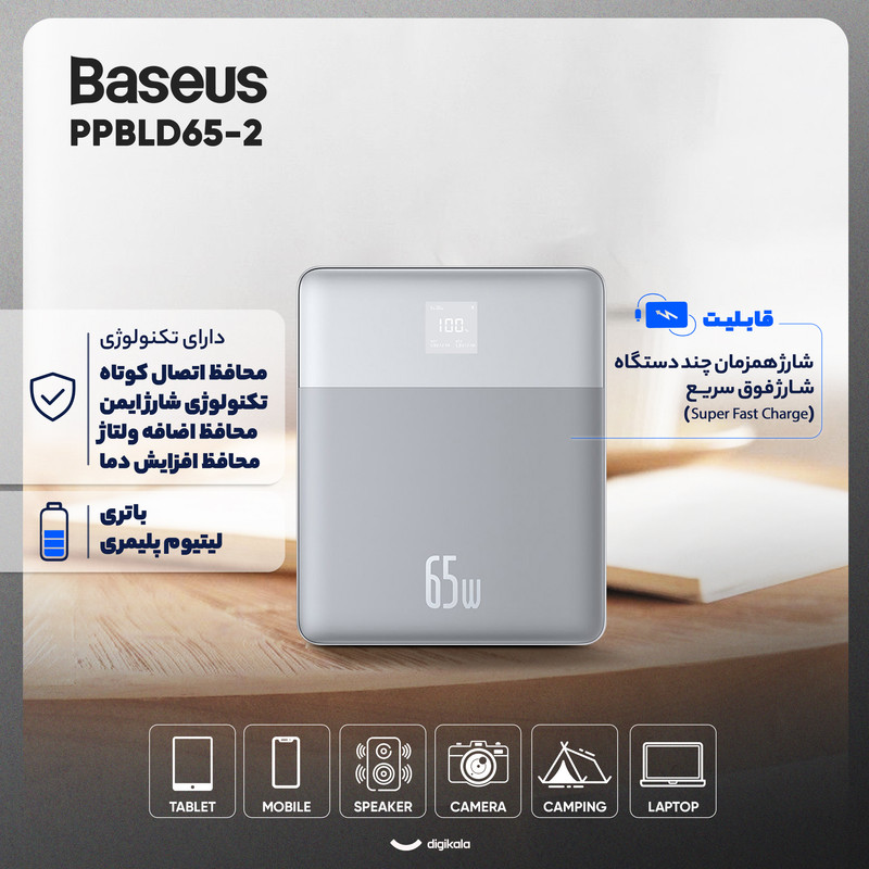 پاور بانک 65 وات بیسوس مدل PPBLD2-65 ظرفیت 12000 میلیآمپر ساعت