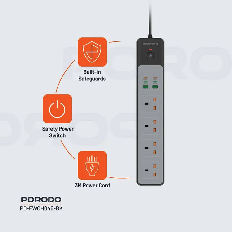 محافظ شوک الکتریکی و چند راهی برق مدل PD-FWCHO45-BK-65W