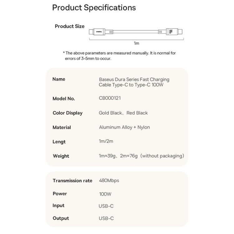 کابل USB-C بیسوس مدل Dura Series 100W طول 2 متر