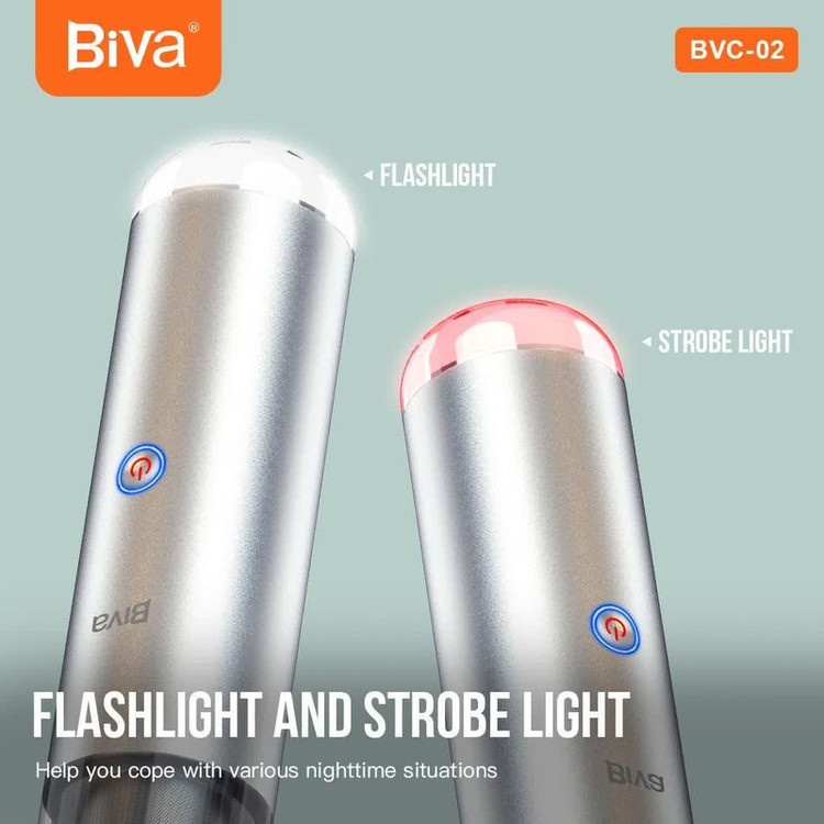 جارو شارژی خودرو بیوا مدل BVC-02s با توان مکش 120 AirWatt، باتری 2200mAh، ظرفیت مخزن 200ml، چراغ قوه و چراغ چشمکزن هشدار، شارژدهی سریع و طراحی جمعوجور مناسب تمیزکاری داخل خودرو و مبلمان