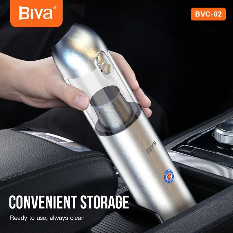 جارو شارژی خودرو بیوا مدل BVC-02s با توان مکش 120 AirWatt، باتری 2200mAh، ظرفیت مخزن 200ml، چراغ قوه و چراغ چشمکزن هشدار، شارژدهی سریع و طراحی جمعوجور مناسب تمیزکاری داخل خودرو و مبلمان