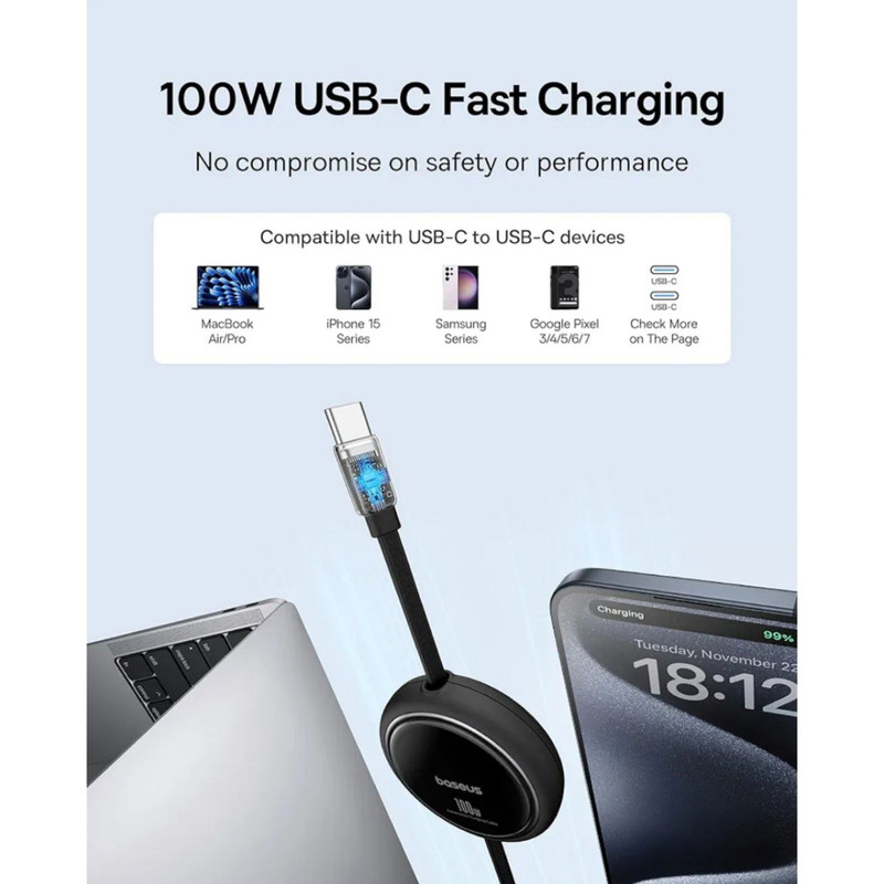 کابل USB-C بیسوس مدل Free2Draw Mini Retractable 100W طول 1 متر