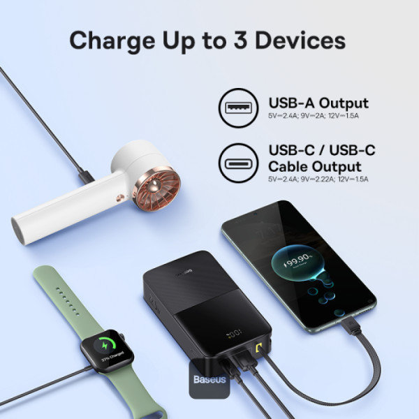 پاوربانک 22.5 وات بیسوس مدل ENERFILL PPBD2P-2020 ظرفیت 20000 میلی آمپر ساعت به همراه کابل USB-C