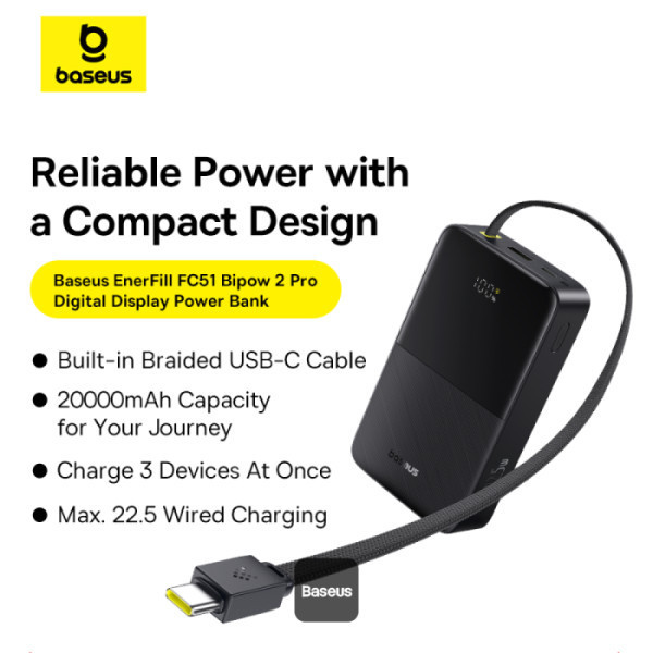 پاوربانک 22.5 وات بیسوس مدل ENERFILL PPBD2P-2020 ظرفیت 20000 میلی آمپر ساعت به همراه کابل USB-C