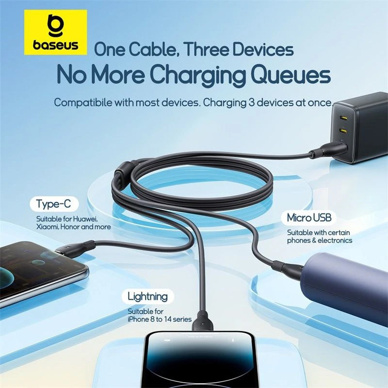 کابل تبدیل USB به لایتنینگ/USB-C/micro-USB بیسوس مدل P10376303121-01 3.5A طول 0.8 متر