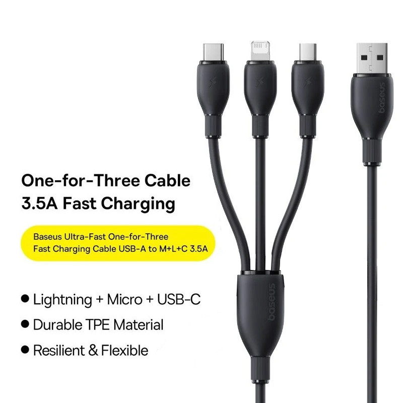 کابل تبدیل USB به لایتنینگ/USB-C/micro-USB بیسوس مدل P10376303121-01 3.5A طول 0.8 متر