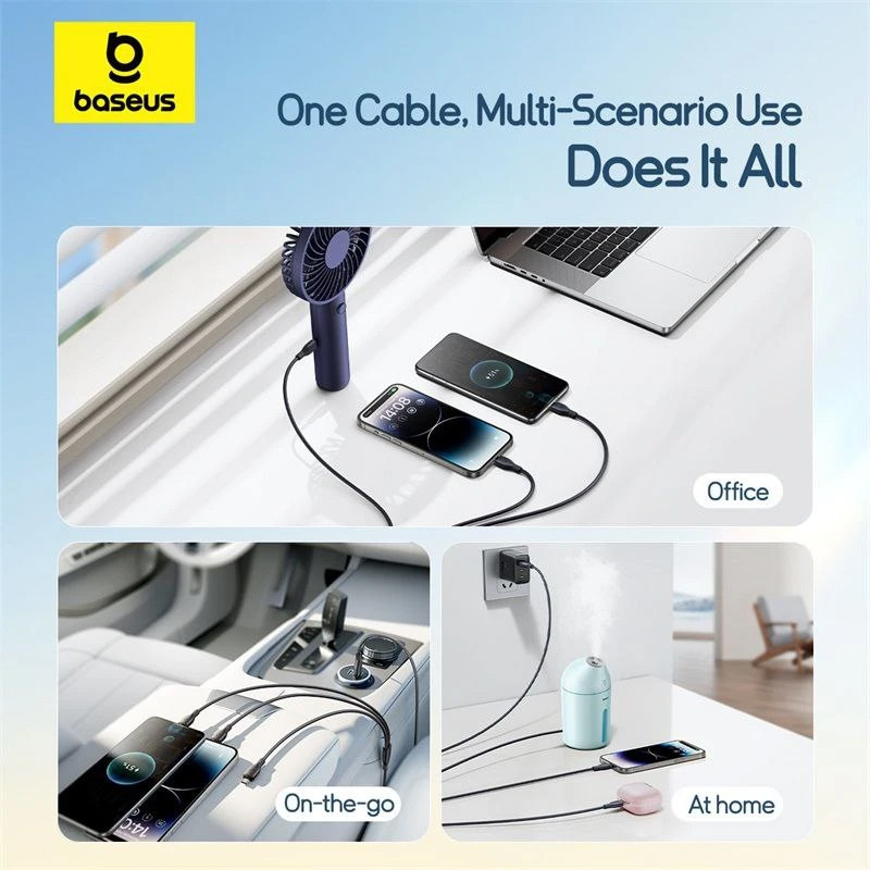 کابل تبدیل USB به لایتنینگ/USB-C/micro-USB بیسوس مدل P10376303121-01 3.5A طول 0.8 متر