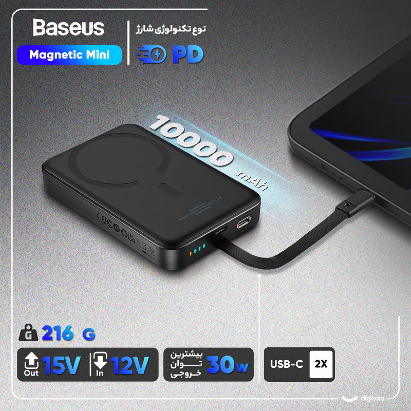 پاوربانک بیسیم 30 وات باسئوس مدل Magnetic Mini ظرفیت 10000 میلی آمپر ساعت