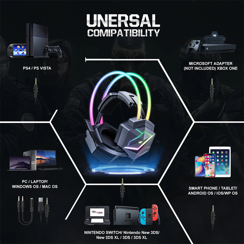 هدست گیمینگ برند اونیکوما مدل X20 با نویز کنسلینگ میکروفون، درگاه شارژ USB، دارای نورپردازی RGB، طراحی ارگونومیک و پدهای نرم و راحت