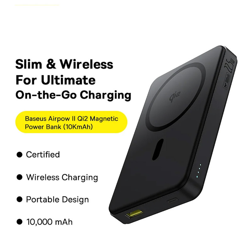 پاوربانک بیسیم 22.5 وات بیسوس مدل Airpow Ⅱ Qi2 Magnetic ظرفیت 10000 میلیآمپر ساعت