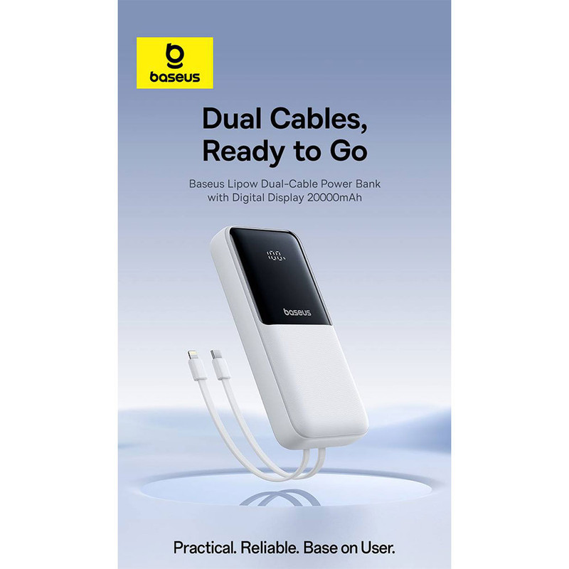 پاوربانک 22 وات بیسوس مدل LIPOW Dual ظرفیت 20000 میلیآمپرساعت به همراه کابل USB-C و لایتنینگ