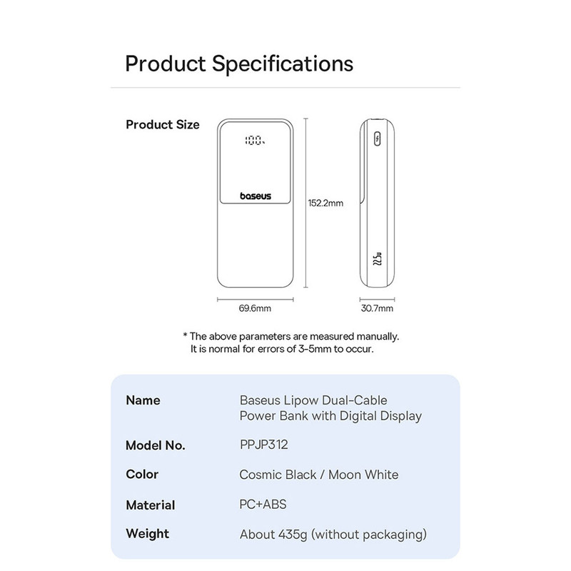 پاوربانک 22 وات بیسوس مدل LIPOW Dual ظرفیت 20000 میلیآمپرساعت به همراه کابل USB-C و لایتنینگ