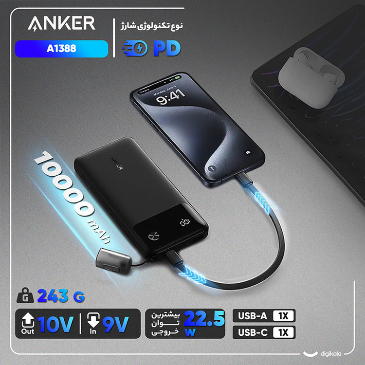 پاوربانک 22.5 وات انکر مدل A1388 ظرفیت 10000 میلی آمپر ساعت