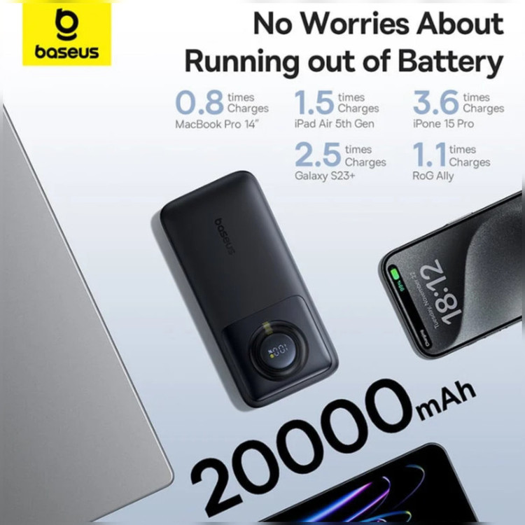 پاوربانک بیسوس مدل Free2Pull 65W ظرفیت 20000 میلی آمپر ساعت به همراه کابل USB-C