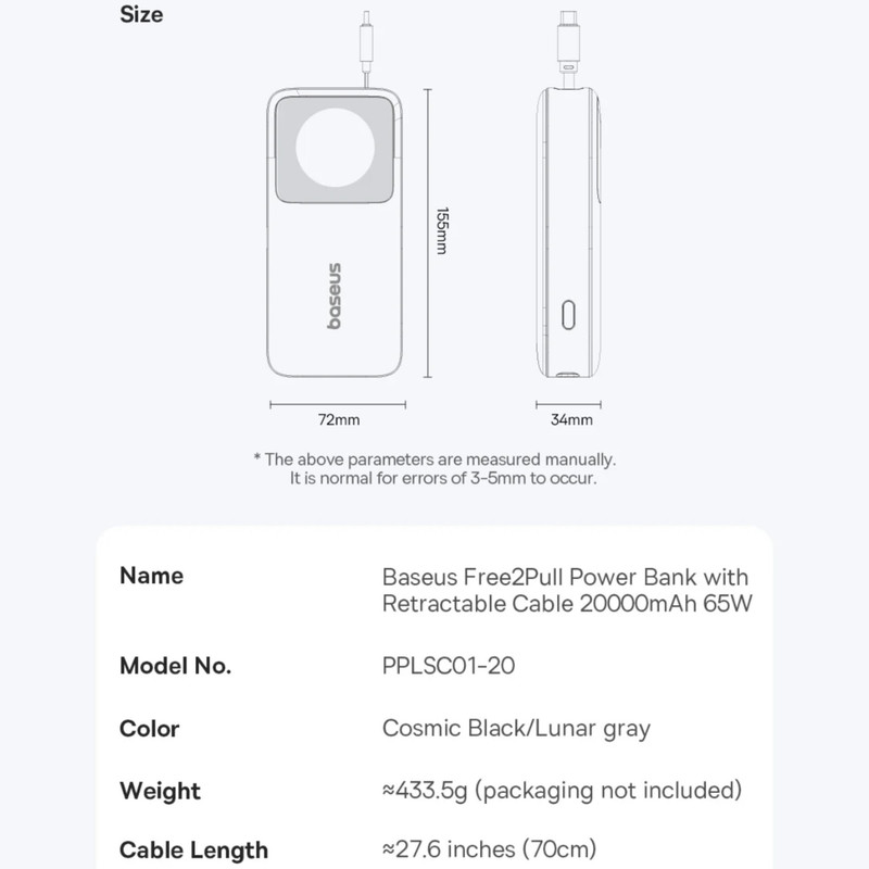 پاوربانک بیسوس مدل Free2Pull 65W ظرفیت 20000 میلی آمپر ساعت به همراه کابل USB-C