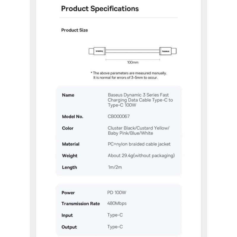 کابل USB-C بیسوس مدل Dynamic 3 Series 100W طول 1 متر