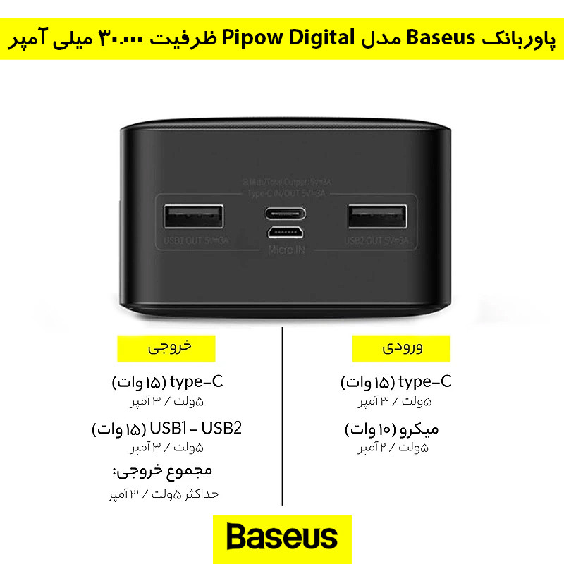 پاوربانک بیسوس مدل Bipow Digital ظرفیت 30000 میلی آمپر ساعت