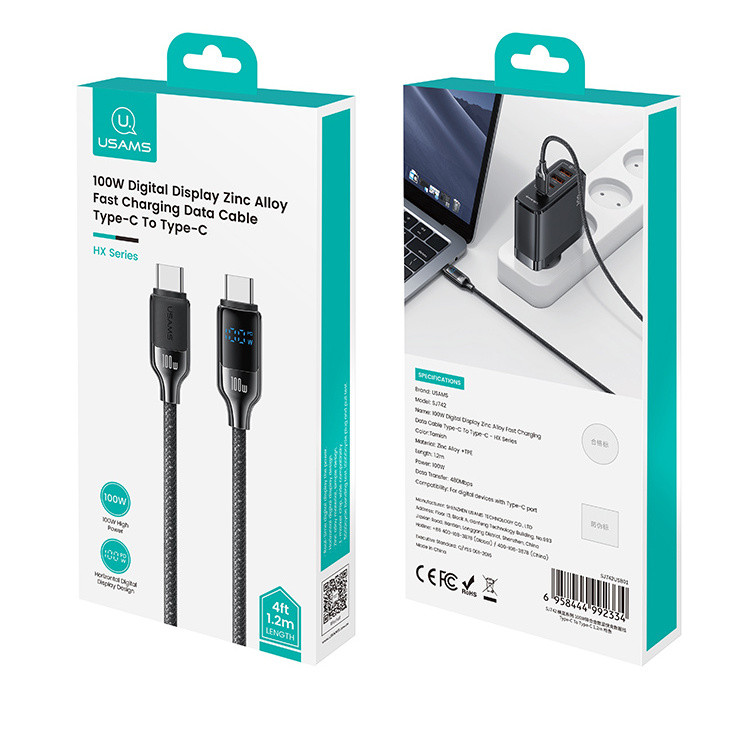 کابل تبدیل USB-C یوسمز 100 وات مدل HX Series طول 1.2 متر