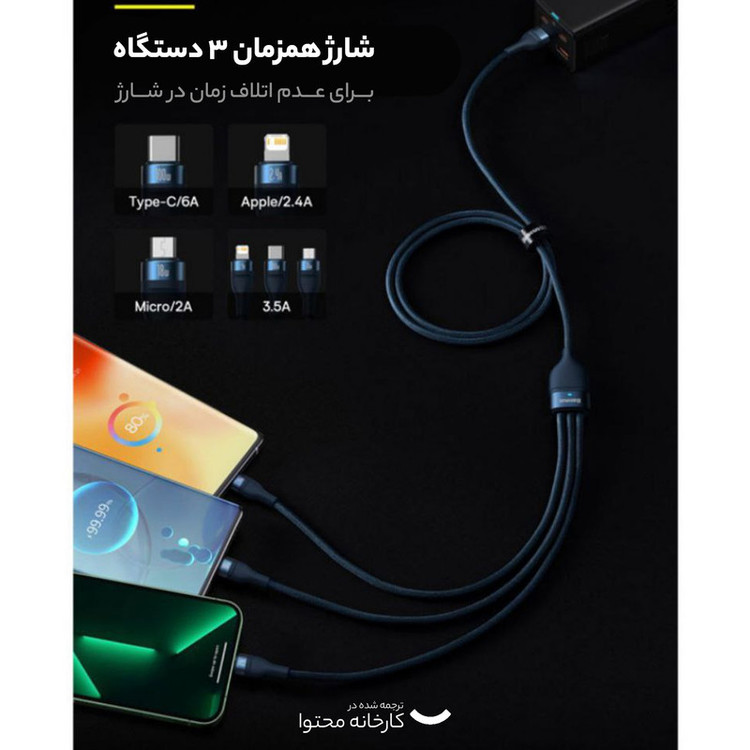 کابل تبدیل USB به USB-C / microUSB / لایتنینگ باسئوس مدل Flash Series Ⅱ 100W طول 1.2 متر