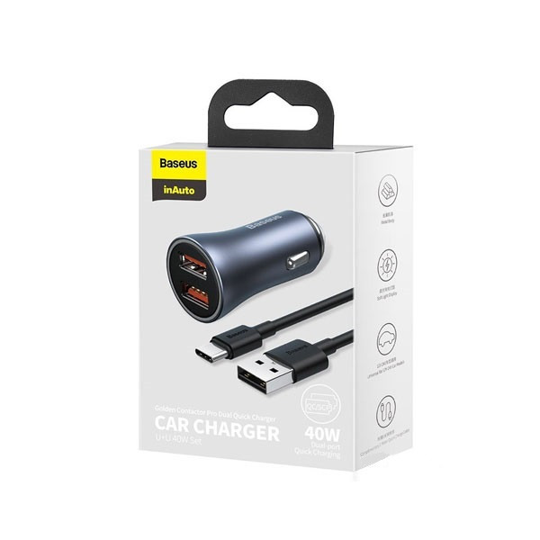 شارژر فندکی باسئوس مدل TZCCJD-40W به همراه کابل تبدیل USB-C