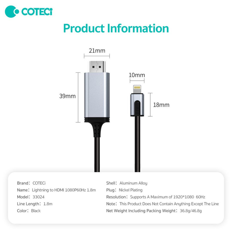 کابل تبدیل لایتنینگ به HDMI کوتسی مدل 33024 طول 1.8 متر